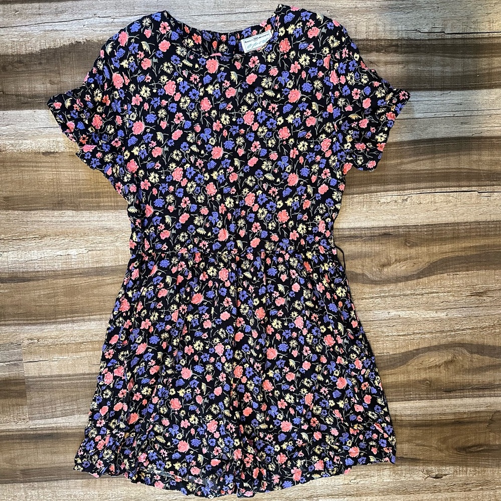 Vintage Maggie Lawrence 90s Black, Pink, Purple, and Yellow Floral Shorts Romper